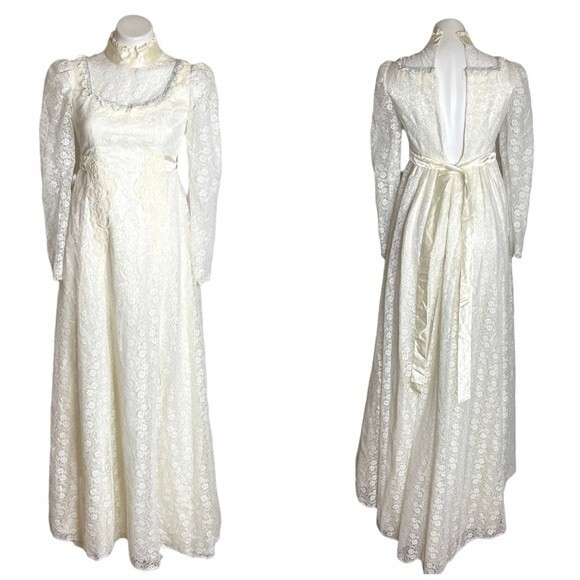 HANDMADE Long White Dress Gown Lace No Size Fits XS VINTAGE - Picture 10 of 10